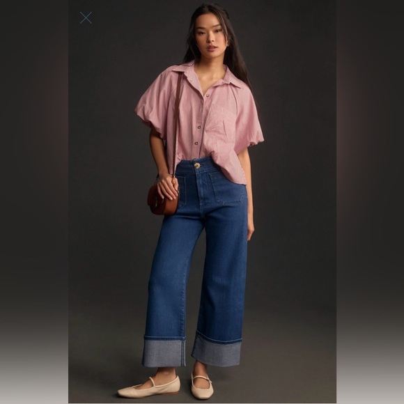 EUC ANTHRO Colette Denim Cuffed Wide Leg Jeans Dark Medium Wash Pocket Patch 28